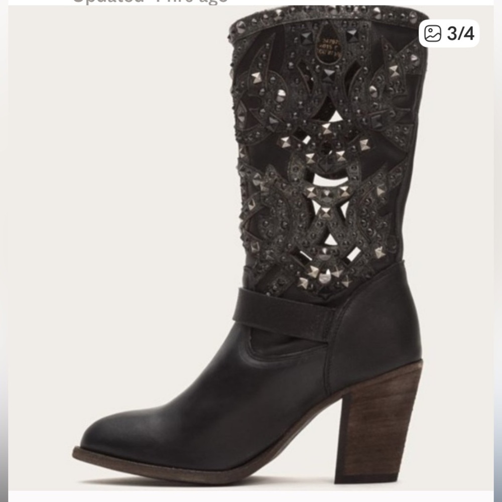 Frye Ilana Deco Black Hand-Studded Metal Embellished Western Boot - Picture 2 of 12